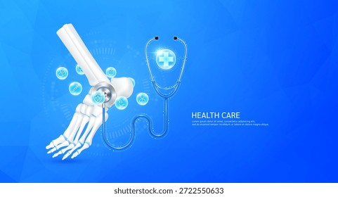 Sinal de adição dentro do estetoscópio no modelo de articulação do tornozelo. Cercado por ícones médicos. Saúde verificar o conceito ósseo. Vetor 3D EPS10.