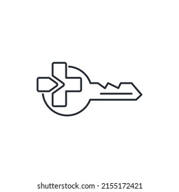 Plus sign and key. Additional features. Vector linear icon isolated on white background.