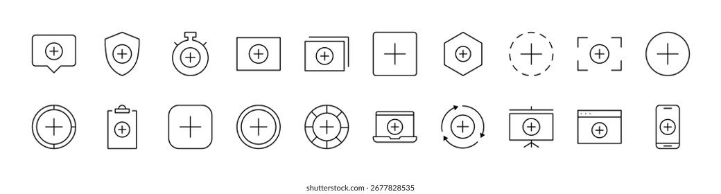 Coleção de Ícones de Sinal de Adição. Outline Signs para Gráficos e Web Design, Apps, Anúncios, Vários Cartões