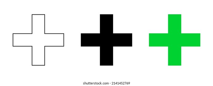Plus sign linear black and green set. Medicine vector eps icons. Medical symbol collection on white background. Various pharmacy isolated crosses