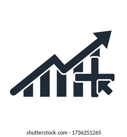 A plus sign on a growth graph. Strengthening the development. Personal practice. Vector icon isolated on white background.