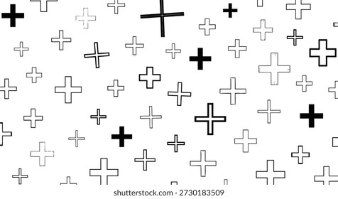 Padrão de sinal de adição com tamanho, espessura e sombreamento variados, textura de símbolo preto e cinza abstrato, ilustração de vetor