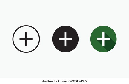 Plus Sign Symbol Icon in Circle of 3 Types : White Outline, Black Glyph and Green Color with Shadow, Isolated on White Background, Vector Image Template