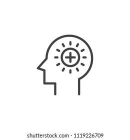 Plus signs in human head outline icon. linear style sign for mobile concept and web design. Positive think simple line vector icon. Symbol, logo illustration. Pixel perfect vector graphics
