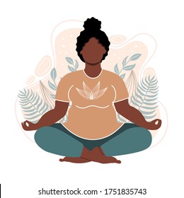 Plus size african american woman meditating and sitting in lotus on the natural background. Attractive overweight girl. Concept illustration for yoga, meditation, relax. Vector flat illustration 