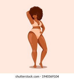 Plus size african american woman wearing swimsuit. Vector illustration of body positive vibes, fun, positive energy, lifestyle and fashion. Body positive concept. Attractive overweight model.