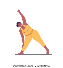 Plus size athletes woman doing yoga tree pose, standing on two leg. Yoga, meditation and sport concept. cartoon vector people character illustration.