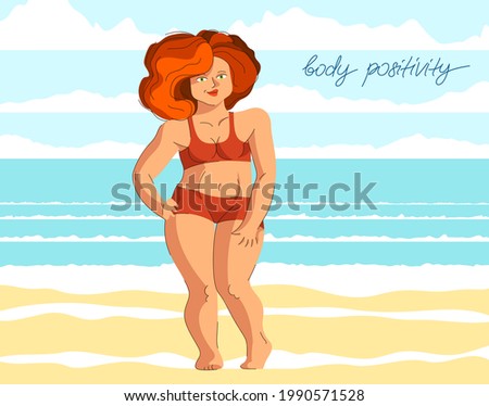 Plus size attractive and sexy woman posing at the beach in front of the sea, vector illustration concept of body positivity health and happiness, love your body idea.