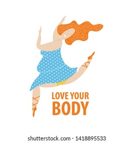 Plus size ballerina in blue dress. Body positive concept. Flat vector illustration isolated on white background.