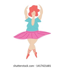 Plus size ballerina in pink dress. Body positive concept. Flat vector illustration isolated on white background.