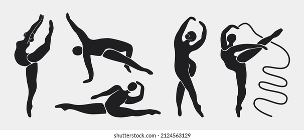 Plus size ballet dancer. Trendy set of ballerina silhouettes, hand drawn dancing bodypositive women. Vector illustration