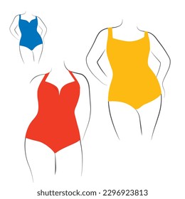 Plus Size Bathing Suits for Embracing Those Curves. bathing suit vector stock illustration.  Lingerie and bikini underwear doodle elements, beach beauty brassiere. 