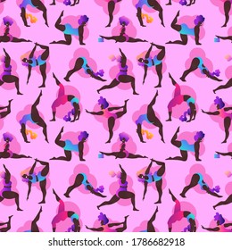 Plus size black curvy girls doing yoga class. Seamless pattern. Vector illustration. Online home workout concept. Body positive. Attractive african American woman.