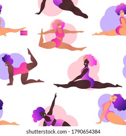 Plus size black curvy girls doing yoga class. Seamless pattern. Vector illustration. Online home workout concept. Body positive. Attractive african American woman.