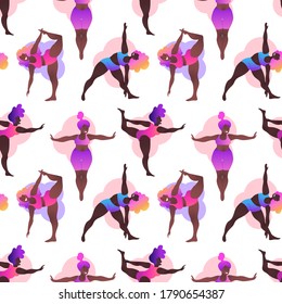 Plus size black curvy girls doing yoga class. Seamless pattern. Vector illustration. Online home workout concept. Body positive. Attractive african American woman.