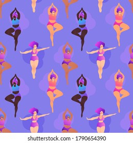 Plus size black curvy girls doing yoga class. Seamless pattern. Vector illustration. Online home workout concept. Body positive. Attractive african American woman.