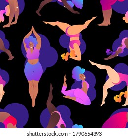 Plus size black curvy girls doing yoga class. Seamless pattern. Vector illustration. Online home workout concept. Body positive. Attractive african American woman.