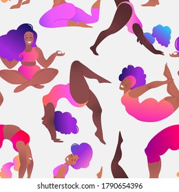 Plus size black curvy girls doing yoga class. Seamless pattern. Vector illustration. Online home workout concept. Body positive. Attractive african American woman.