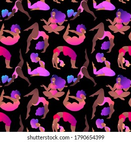 Plus Size Black Curvy Girls Doing Yoga Class. Seamless Pattern. Vector Illustration. Online Home Workout Concept. Body Positive. Attractive African American Woman.