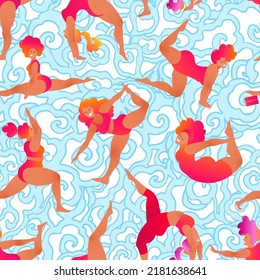 Plus size black curvy girls doing yoga class. Seamless pattern. Vector illustration. Online home workout concept. Body positive. Attractive african American woman.
