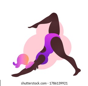 Plus size black curvy lady doing yoga class. Vector illustration isolated on white. Online workout. Body positive. Attractive African American woman. Downward facing dog asana or Adho mukha svanasana.