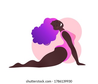 Plus size black curvy lady at yoga class. Vector illustration isolated on white. Online home workout. Body positive. Attractive African American woman. Upward-Facing Dog Pose, Urdhva Mukha Shvanasana.