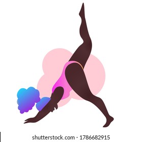 Plus size black curvy lady doing yoga class. Vector illustration isolated on white. Online workout. Body positive. Attractive African American woman. Downward facing dog asana or Adho mukha svanasana.