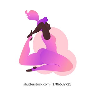 Plus size black curvy lady doing yoga class. Vector illustration isolated on white. Online home workout concept. Body positive. Attractive African American woman. Kapotasana  or Pigeon Pose.