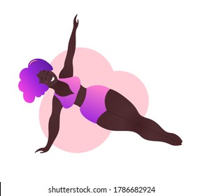 Plus size black curvy lady doing yoga class. Vector illustration isolated on white. Online home workout concept. Body positive. Attractive African American woman. Vasisthasana or Side Plank pose.