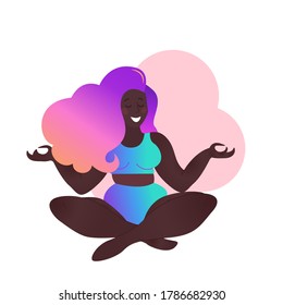 Plus size black curvy lady doing yoga class. Vector illustration isolated on white. Sukhasana or easy pose, simple cross-legged sitting asana. Body positive. Attractive African American woman. 