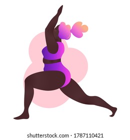 Plus size black curvy lady doing yoga class. Vector illustration isolated on white. Online home workout concept. Body positive. Attractive African American woman. Virabhadrasana or warrior pose.