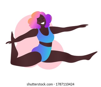 Plus size black curvy lady doing yoga class. Vector illustration isolated on white. Online home workout concept. Body positive. Attractive African American woman. Split, Monkey Pose or Hanumanasana.