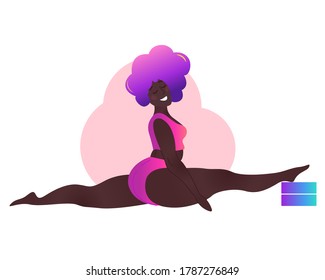 Plus size black curvy lady doing yoga class. Vector illustration isolated on white. Online home workout concept. Body positive. Attractive African American woman. Split, Monkey Pose or Hanumanasana.