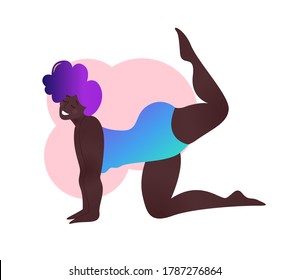 Plus size black curvy lady doing yoga class. Vector illustration isolated on white. Online home workout concept. Body positive. Attractive African American woman. Vyaghrasana or Tiger Pose