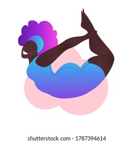 Plus size black curvy lady doing yoga class. Vector illustration isolated on white. Online home workout concept. Body positive. Attractive African American woman. Dhanurasana or Bow Pose.