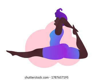 Plus size black curvy lady doing yoga class. Vector illustration isolated on white. Online home workout concept. Body positive. Attractive African American woman. Split, Monkey Pose or Hanumanasana.