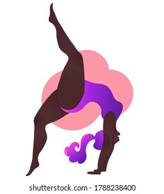 Plus size black curvy lady doing yoga class. Vector illustration isolated on white. Online home workout. Body positive. Attractive African American woman. Urdhva Dhanurasana, Upward Bow or Wheel Pose.