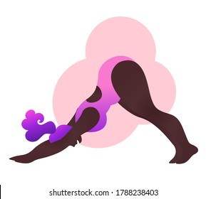Plus size black curvy lady doing yoga class. Vector illustration isolated on white. Online workout. Body positive. Attractive African American woman. Downward facing dog asana or Adho mukha svanasana.