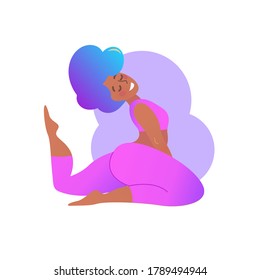 Plus Size Black Curvy Lady Doing Yoga Class. Vector Illustration Isolated On White. Online Home Workout Concept. Body Positive. Attractive African American Woman. Kapotasana  Or Pigeon Pose.