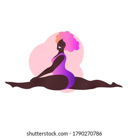 Plus size black curvy lady doing yoga class. Vector illustration isolated on white. Online home workout concept. Body positive. Attractive African American woman. Split, Monkey Pose or Hanumanasana.