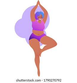 Plus size black curvy lady doing yoga class. Vector illustration isolated on white. Online home workout concept. Body positive. Attractive African American woman. Tree Pose, Vrksansana. 