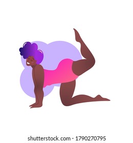 Plus size black curvy lady doing yoga class. Vector illustration isolated on white. Online home workout concept. Body positive. Attractive African American woman. Vyaghrasana or Tiger Pose