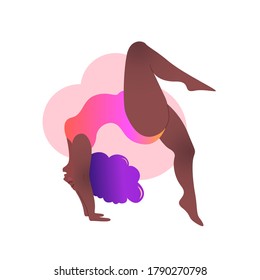 Plus size black curvy lady doing yoga class. Vector illustration isolated on white. Online home workout. Body positive. Attractive African American woman. Urdhva Dhanurasana, Upward Bow or Wheel Pose.