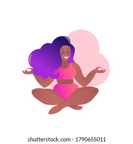 Plus size black curvy lady doing yoga class. Vector illustration isolated on white. Sukhasana or easy pose, simple cross-legged sitting asana. Body positive. Attractive African American woman. 