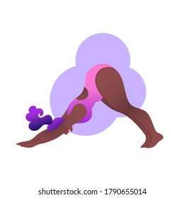 Plus size black curvy lady doing yoga class. Vector illustration isolated on white. Online workout. Body positive. Attractive African American woman. Downward facing dog asana or Adho mukha svanasana.