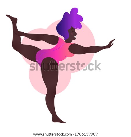 Plus size black curvy lady doing yoga class. Vector illustration isolated on white. Online home workout concept. Body positive. Attractive African American woman. Natarajasana or Lord of Dance Pose.
