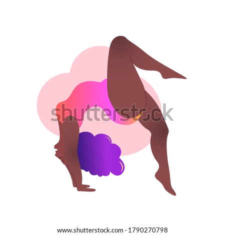 Plus size black curvy lady doing yoga class. Vector illustration isolated on white. Online home workout. Body positive. Attractive African American woman. Urdhva Dhanurasana, Upward Bow or Wheel Pose.