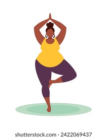 Mujer negra de tamaño superior practica yoga. El Árbol Asana. Positividad corporal. Ilustración de vectores planos