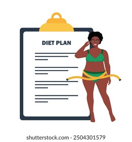 Mujer negra de talla grande en ropa interior de pie frente a la lista de verificación del plan de dieta grande. Ilustración vectorial