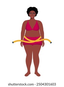 Mujer negra de talla grande en ropa interior y cinta métrica. Muchacha gorda de gran tamaño. Concepto de control de peso de la obesidad. Carácter de dibujos animados femenino con sobrepeso de longitud completa. Ilustración vectorial